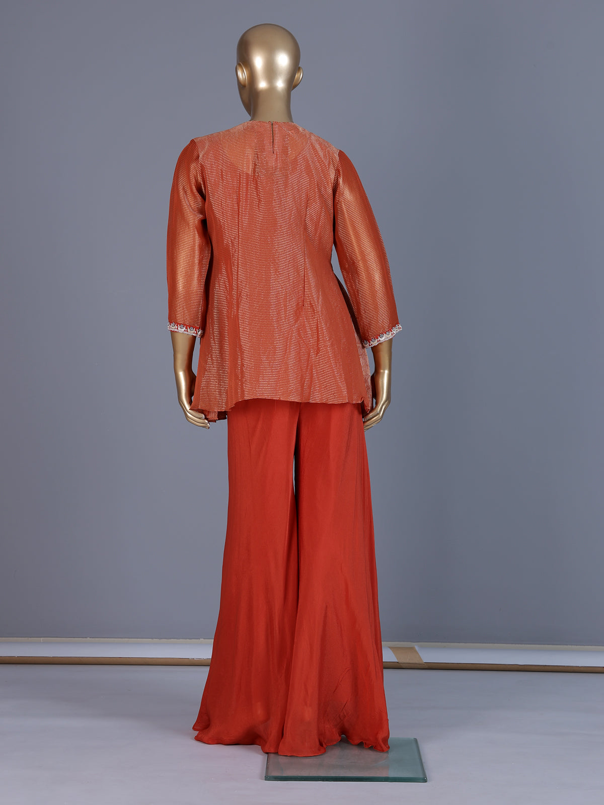 Rust orange designer silk sharara suit