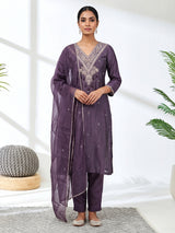 Dusty purple embroidered chanderi silk pant suit
