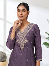 Dusty purple embroidered chanderi silk pant suit
