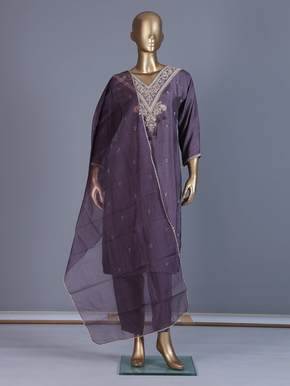 Dusty purple embroidered chanderi silk pant suit