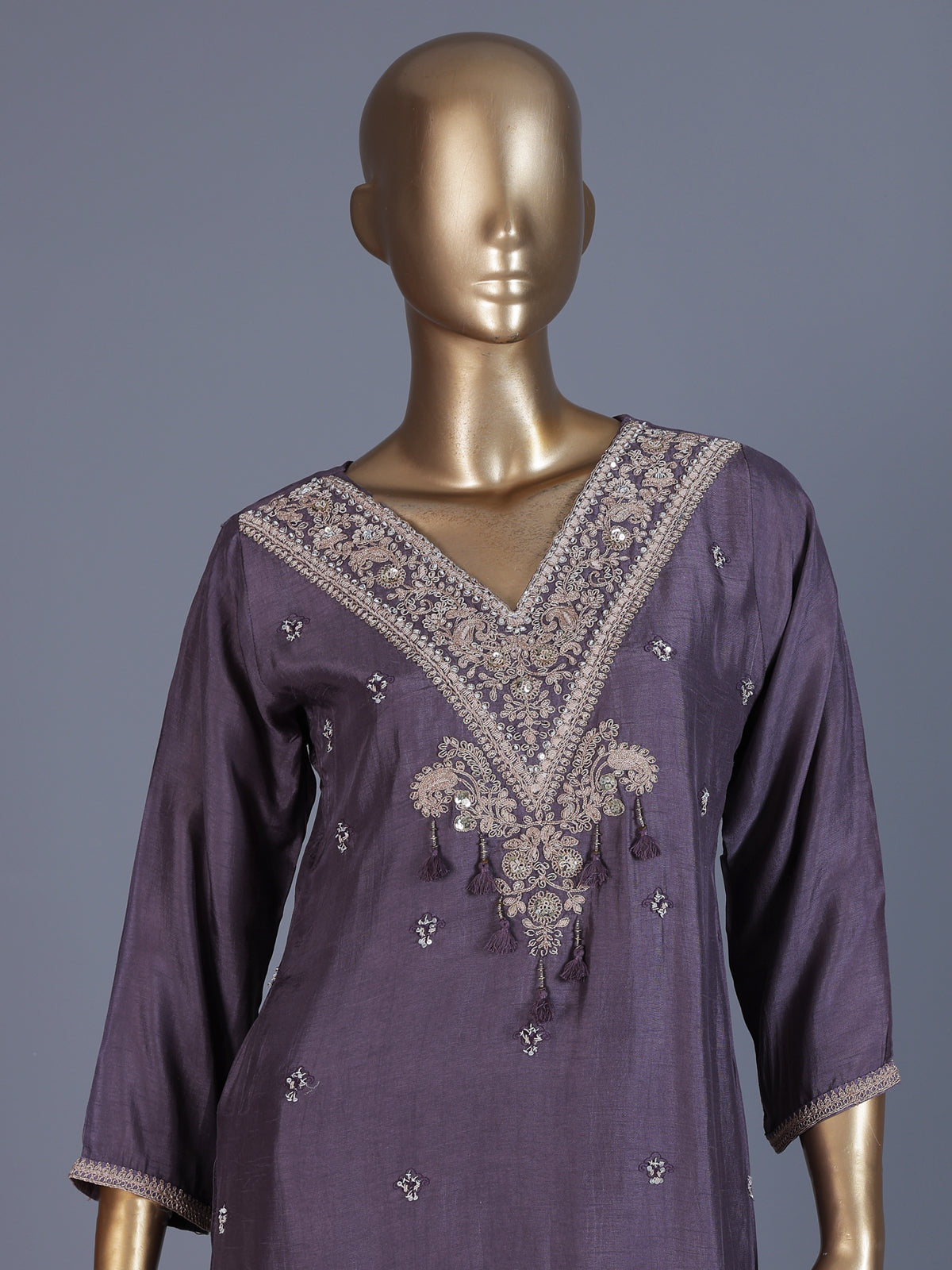Dusty purple embroidered chanderi silk pant suit