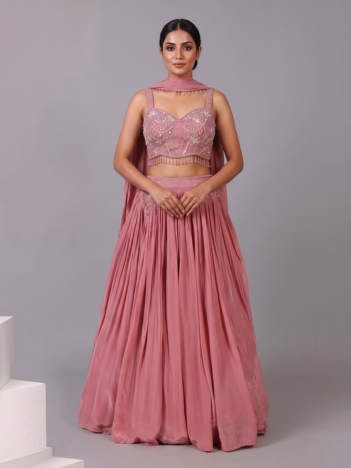 Powder pink silk designer lehenga choli with choker dupatta