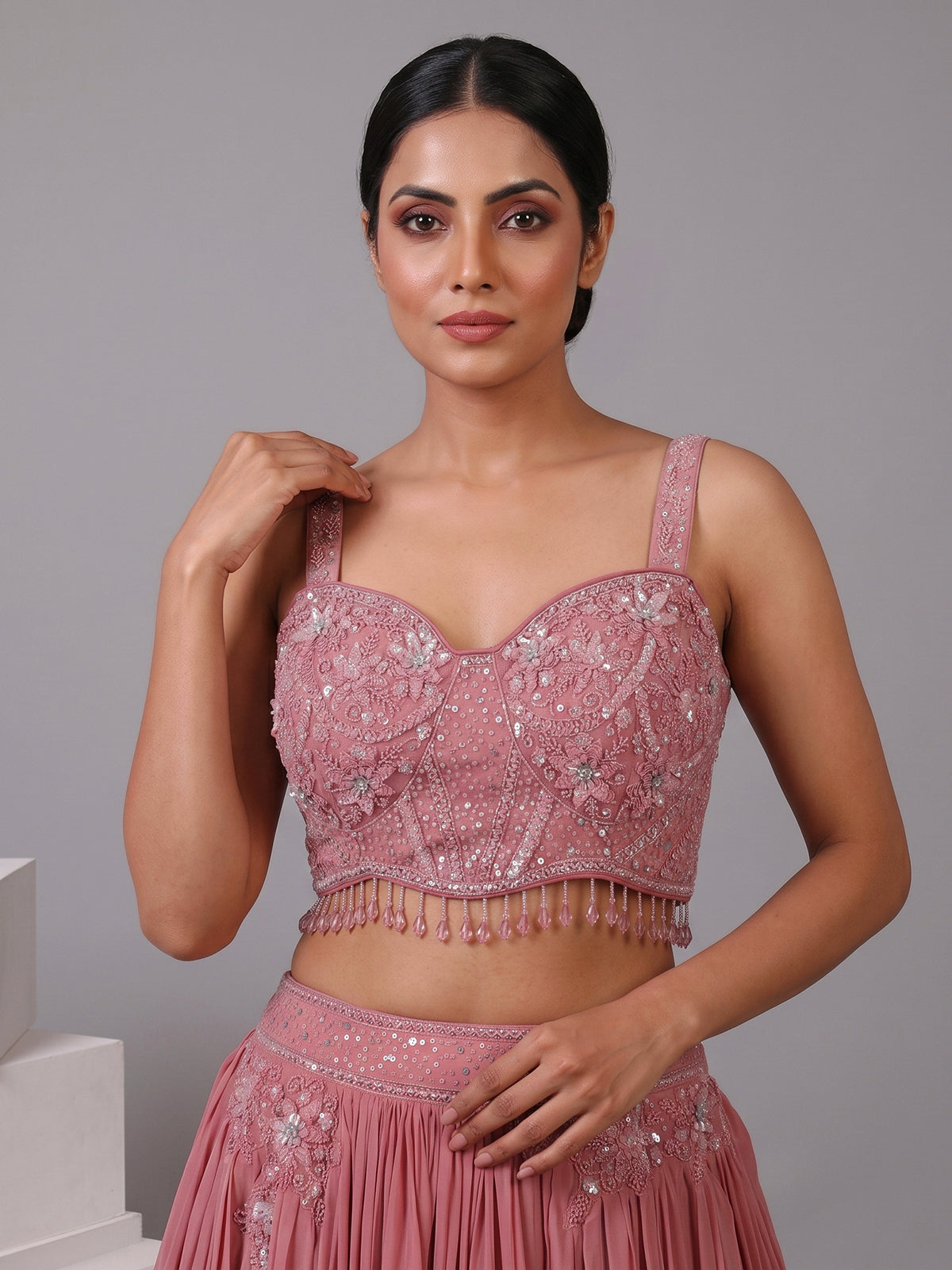 Powder pink silk designer lehenga choli with choker dupatta