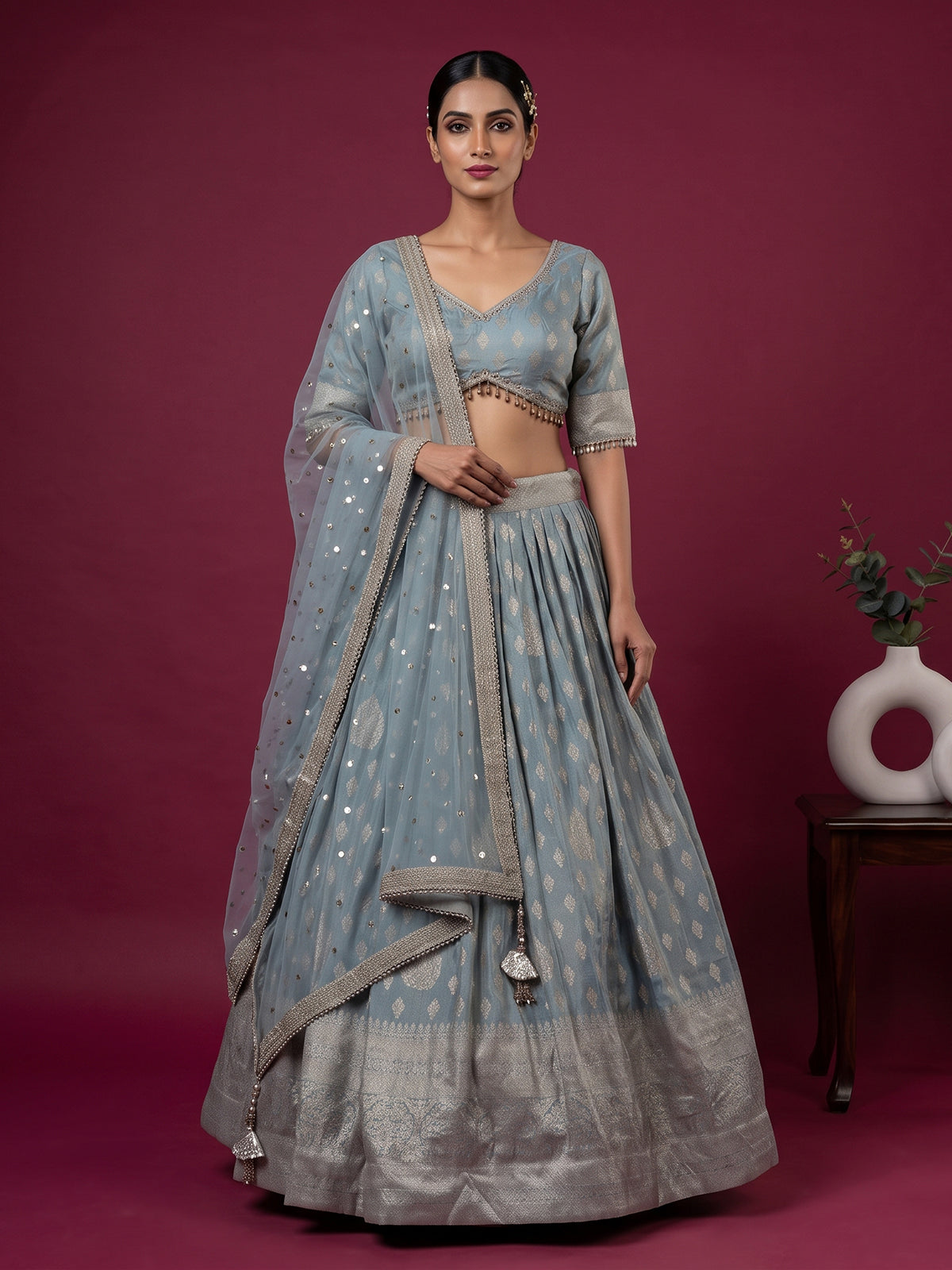 Sky blue Banarasi silk lehenga choli with elegant dupatta