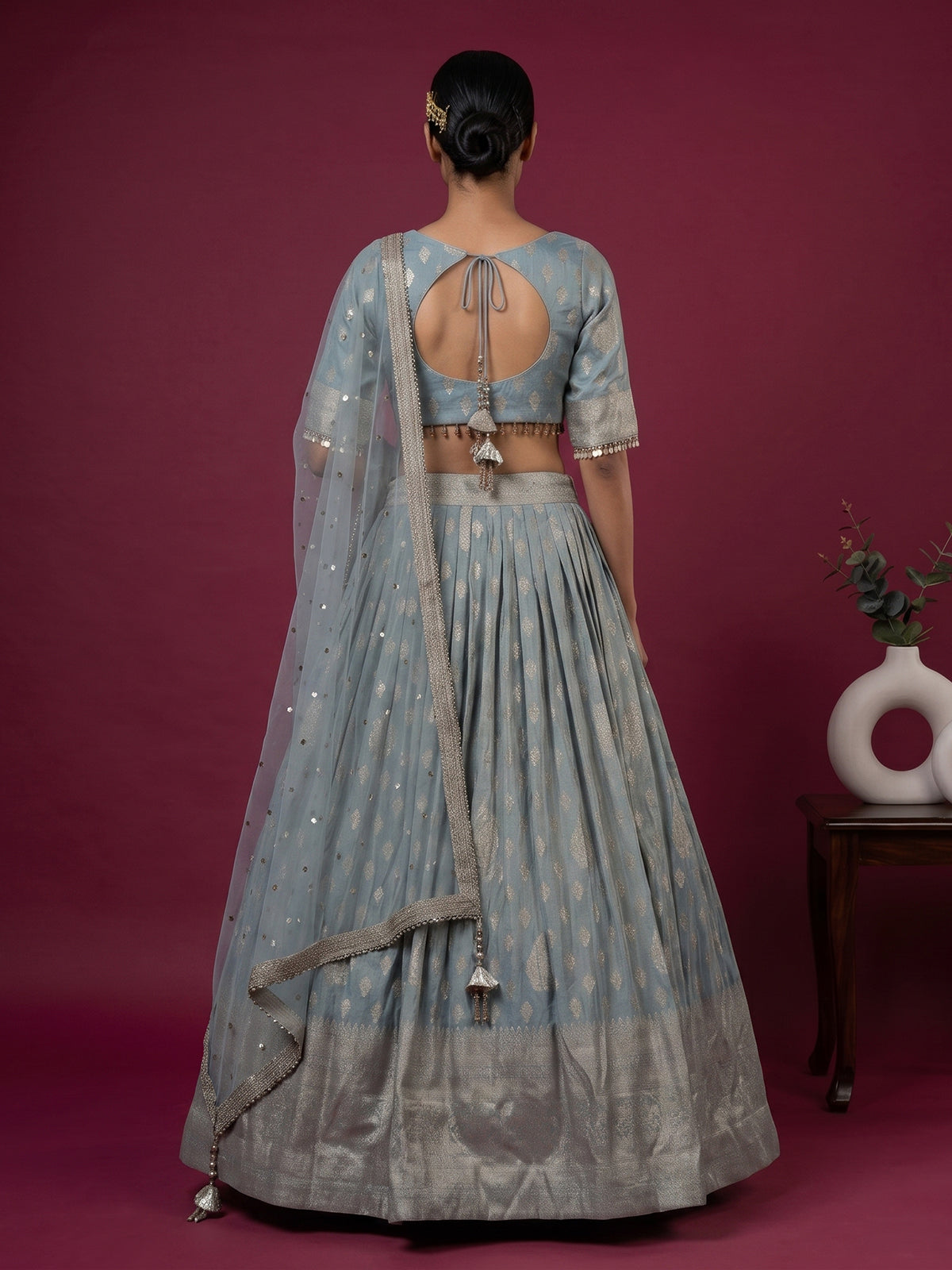 Sky blue Banarasi silk lehenga choli with elegant dupatta