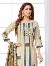 Beige and olive silk printed straight cut salwar suit