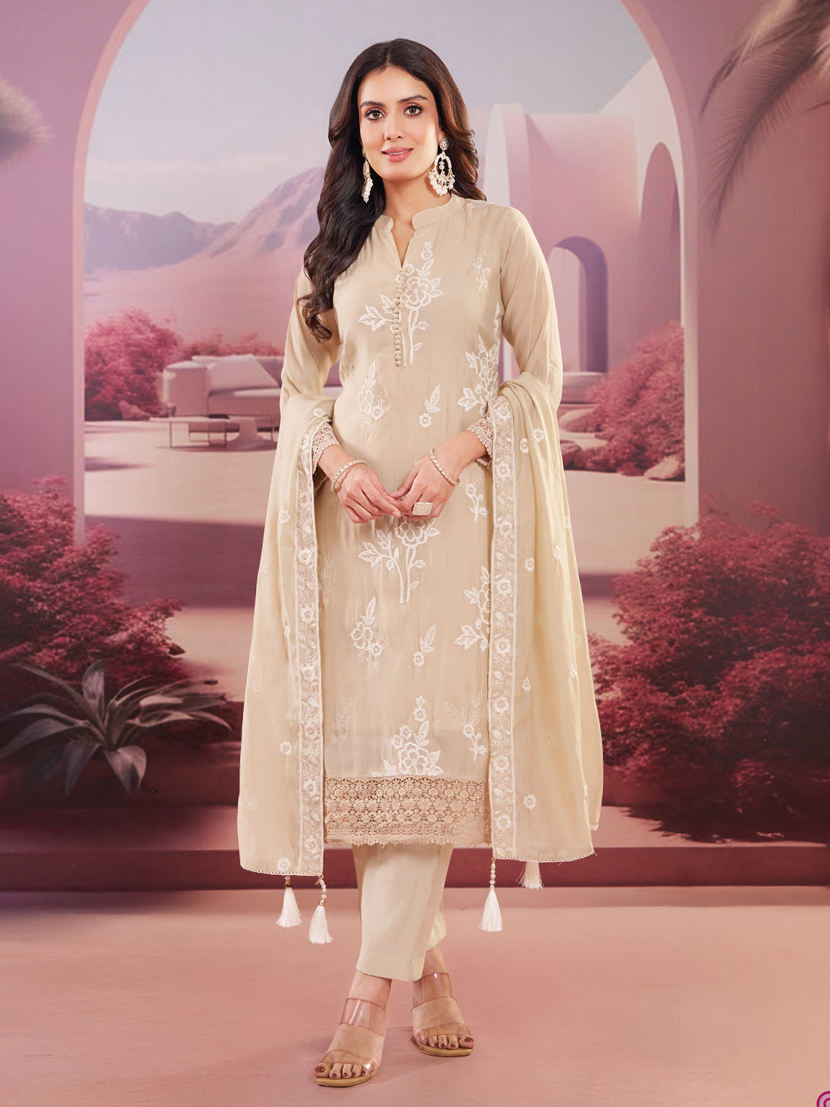 Beige silk straight cut embroidered salwar suit