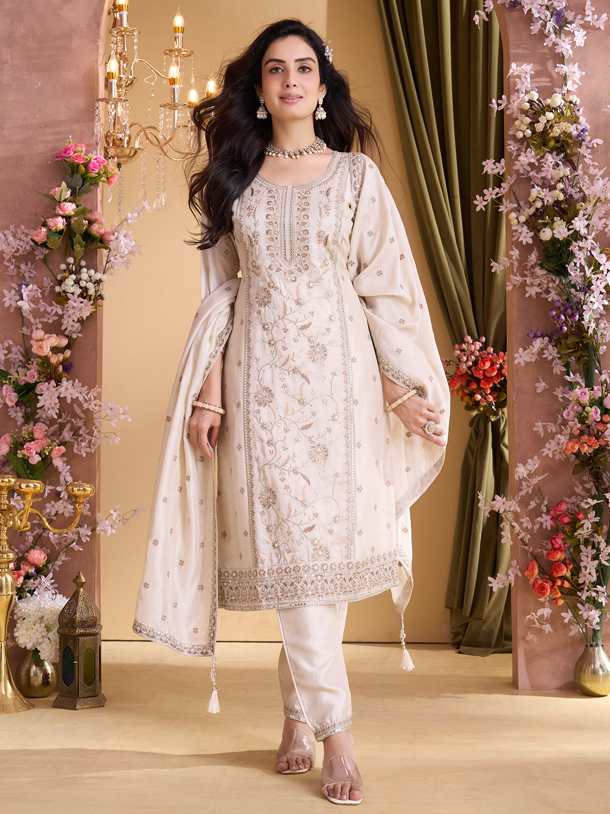 Off white silk straight cut salwar suit