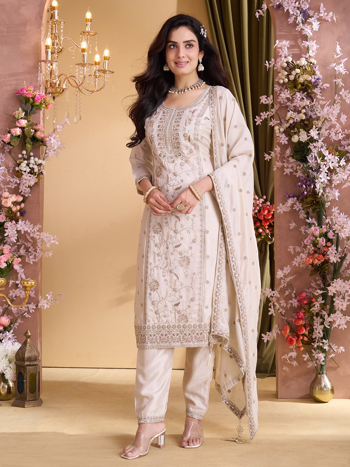 Off white silk straight cut salwar suit