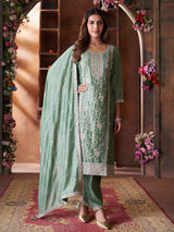 Pista green festive wear silk straight cut salwar suit