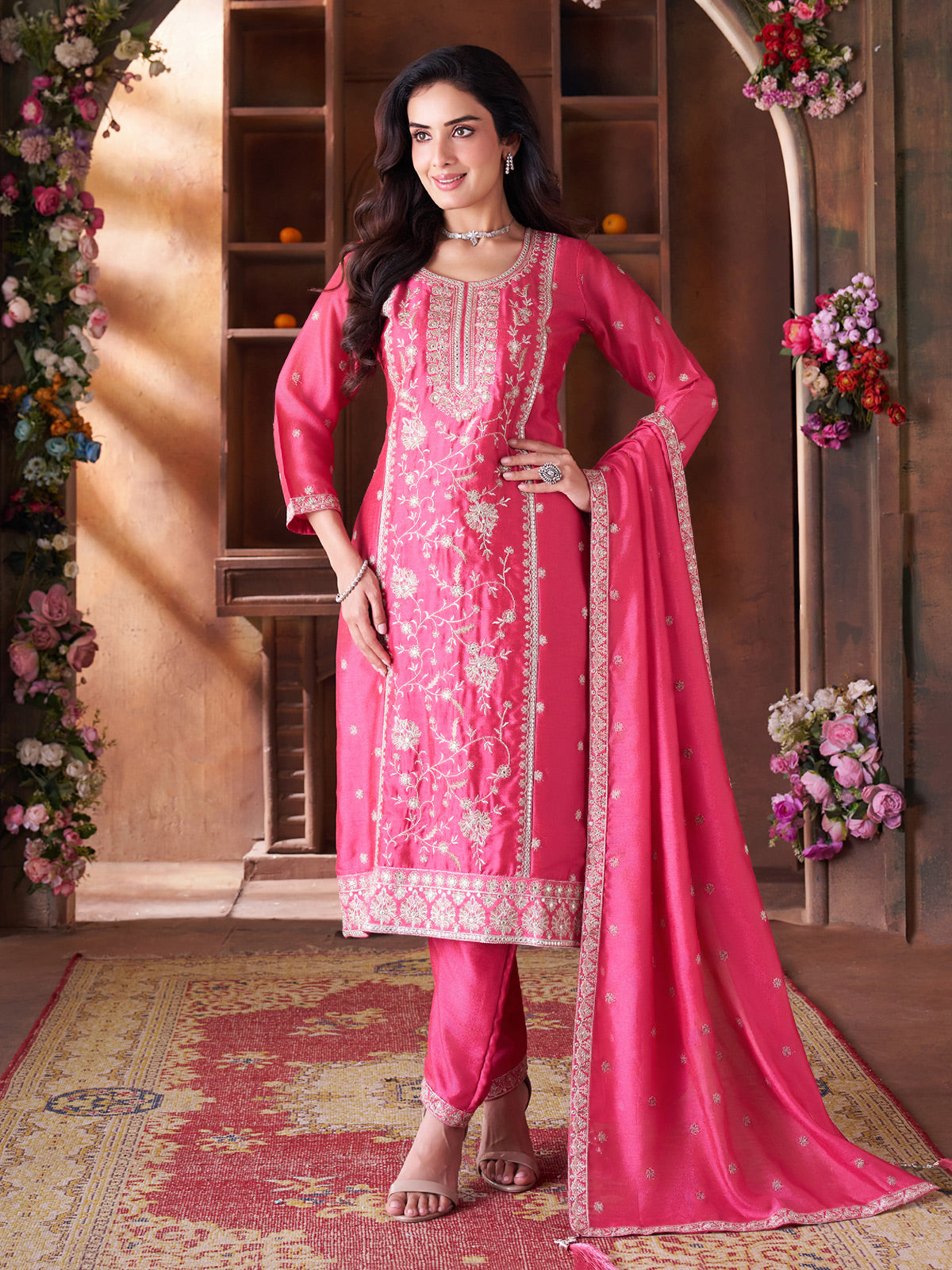 Rani pink silk salwar suit in straight cut