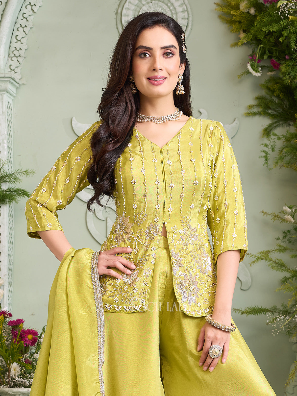 Lemon yellow satin silk palazzo suit with dupatta