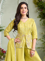 Lemon yellow satin silk palazzo suit with dupatta