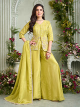 Lemon yellow satin silk palazzo suit with dupatta