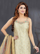 Beige silk straight cut salwar suit with dupatta