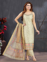 Beige silk straight cut salwar suit with dupatta