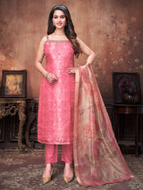 Pink silk straight cut salwar suit with dupatta