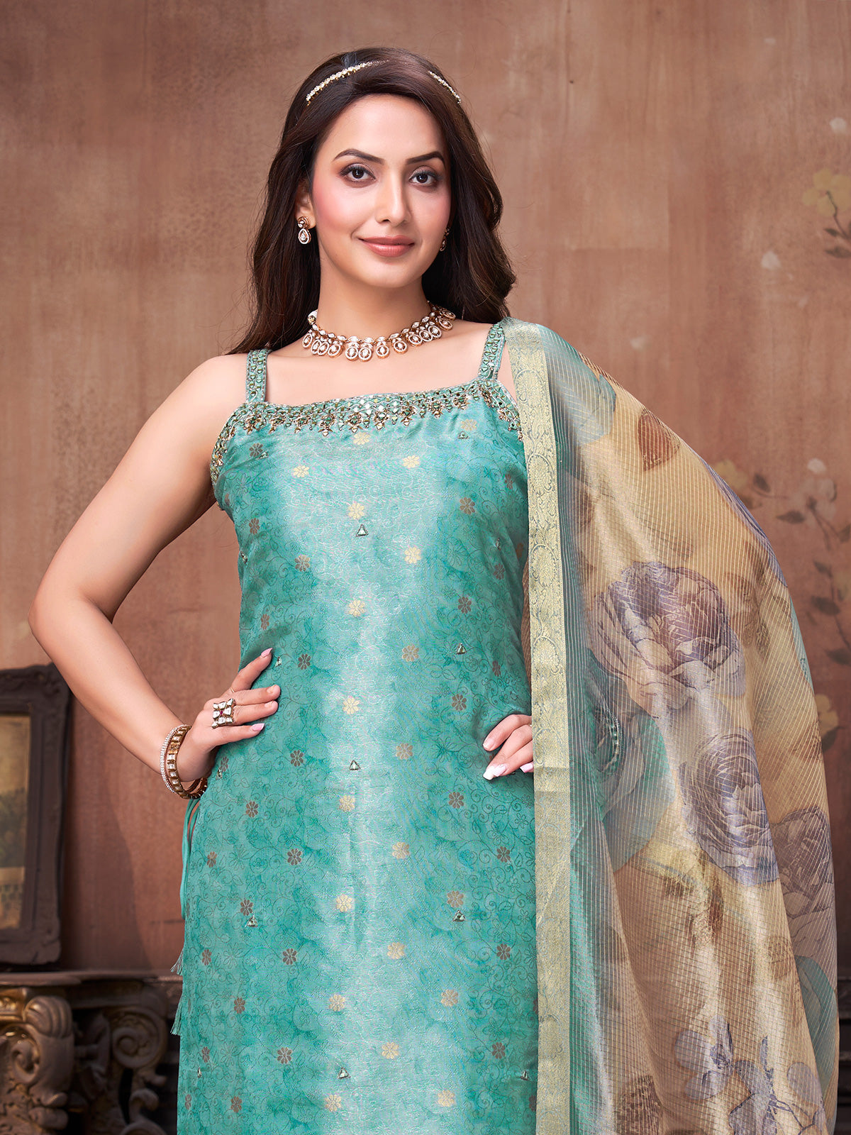 Aqua blue silk straight cut festive wear salwar suit