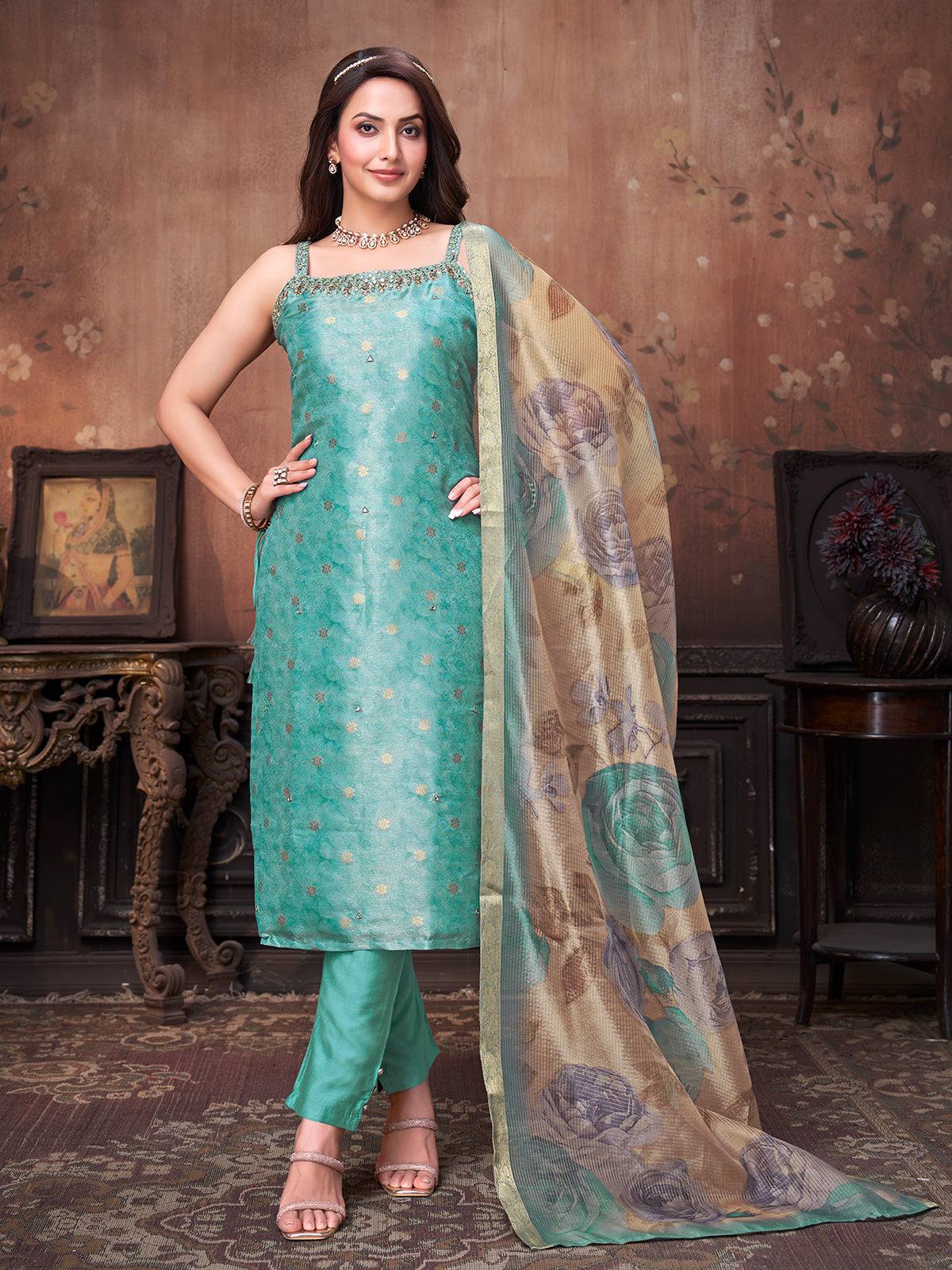Aqua blue silk straight cut festive wear salwar suit