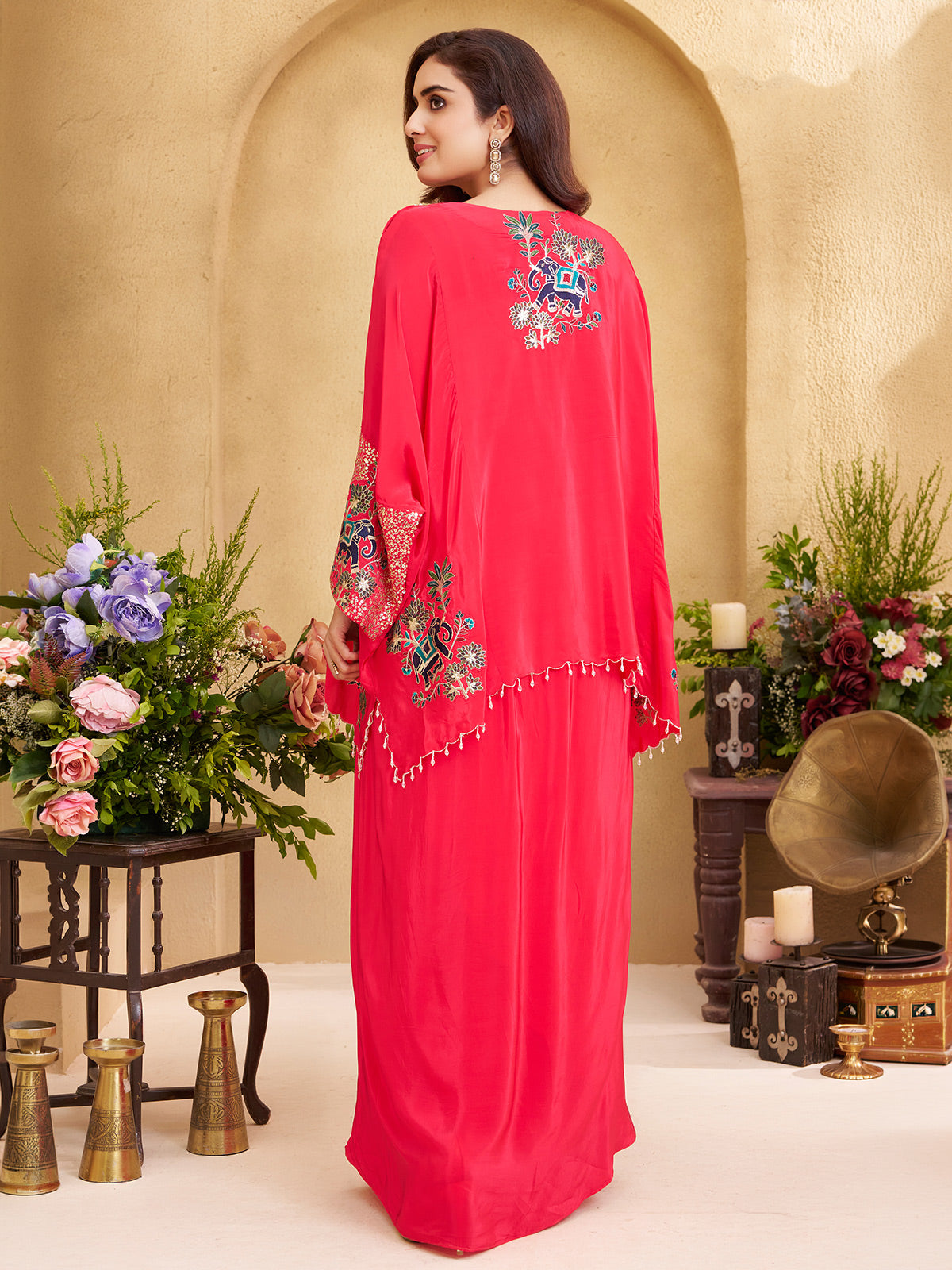 Magenta crepe silk designer indowestern suit ensemble