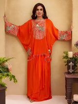 Orange crepe silk designer indowestern suit ensemble