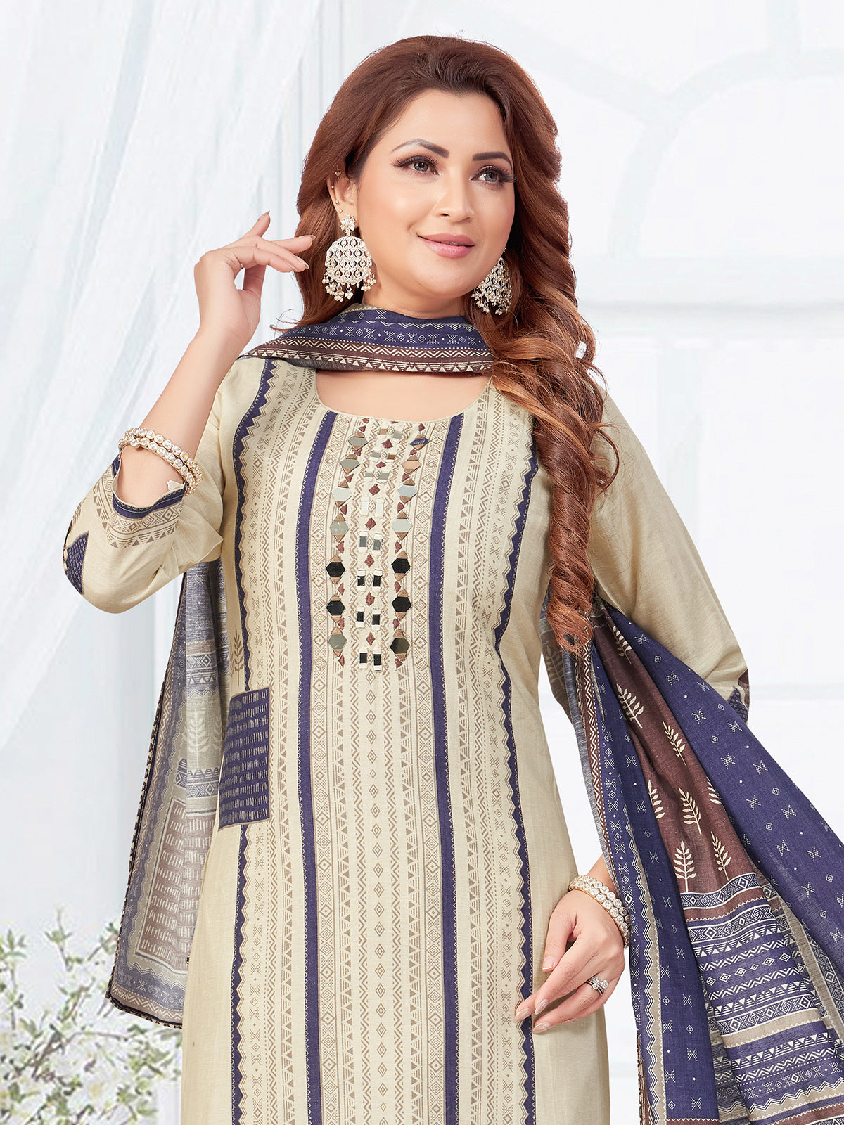 Beige and purple silk printed straight cut salwar suit