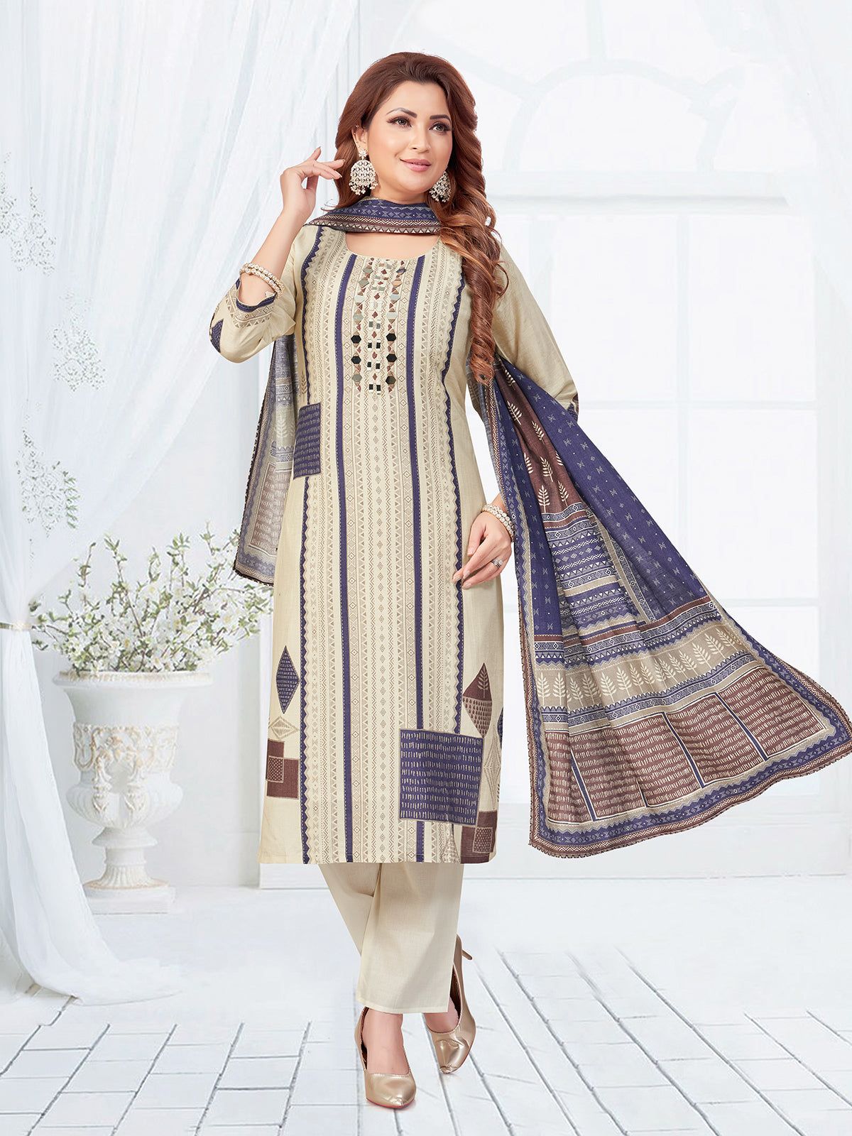 Beige and purple silk printed straight cut salwar suit