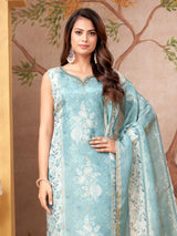 Pastel blue floral silk straight cut salwar suit