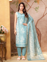 Pastel blue floral silk straight cut salwar suit