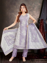 Lilac purple floral silk straight cut festive wear salwar suit