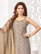 Grey printed silk straight cut salwar suit