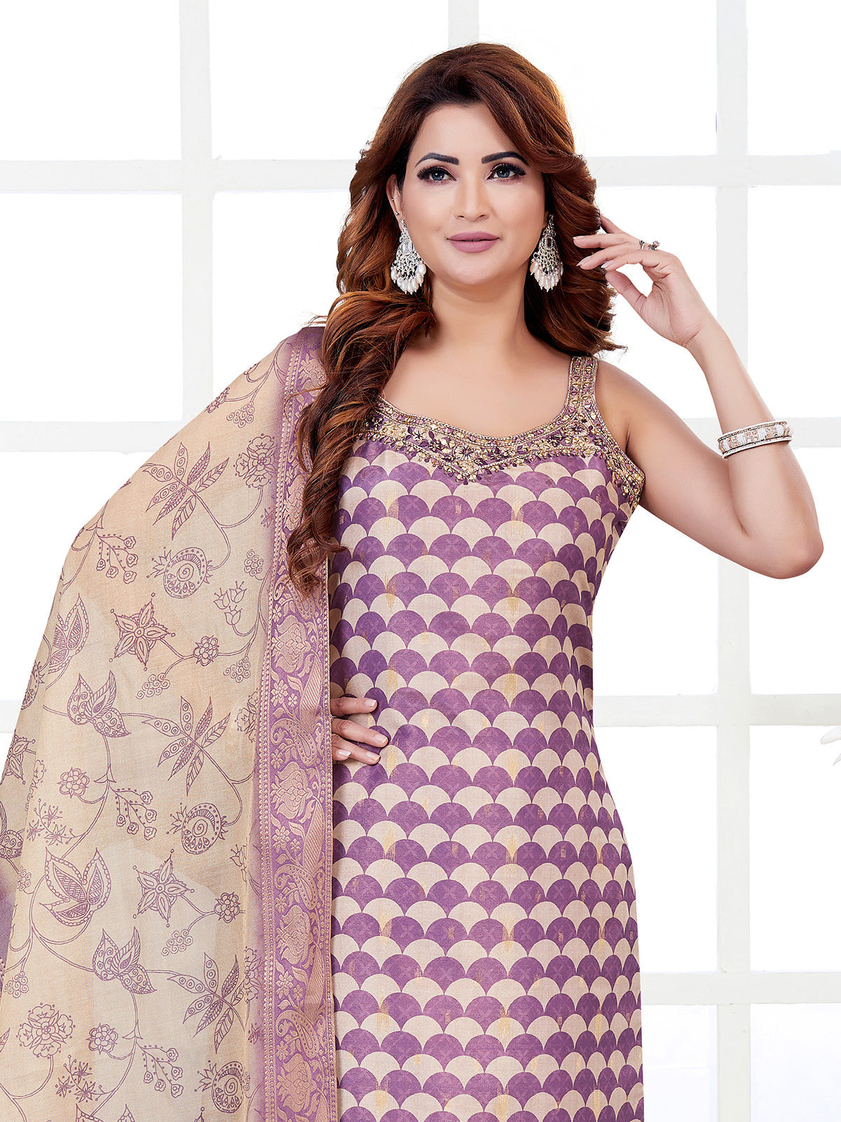 Purple floral printed silk straight cut salwar suit
