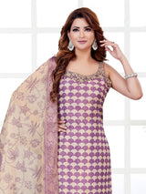 Purple floral printed silk straight cut salwar suit
