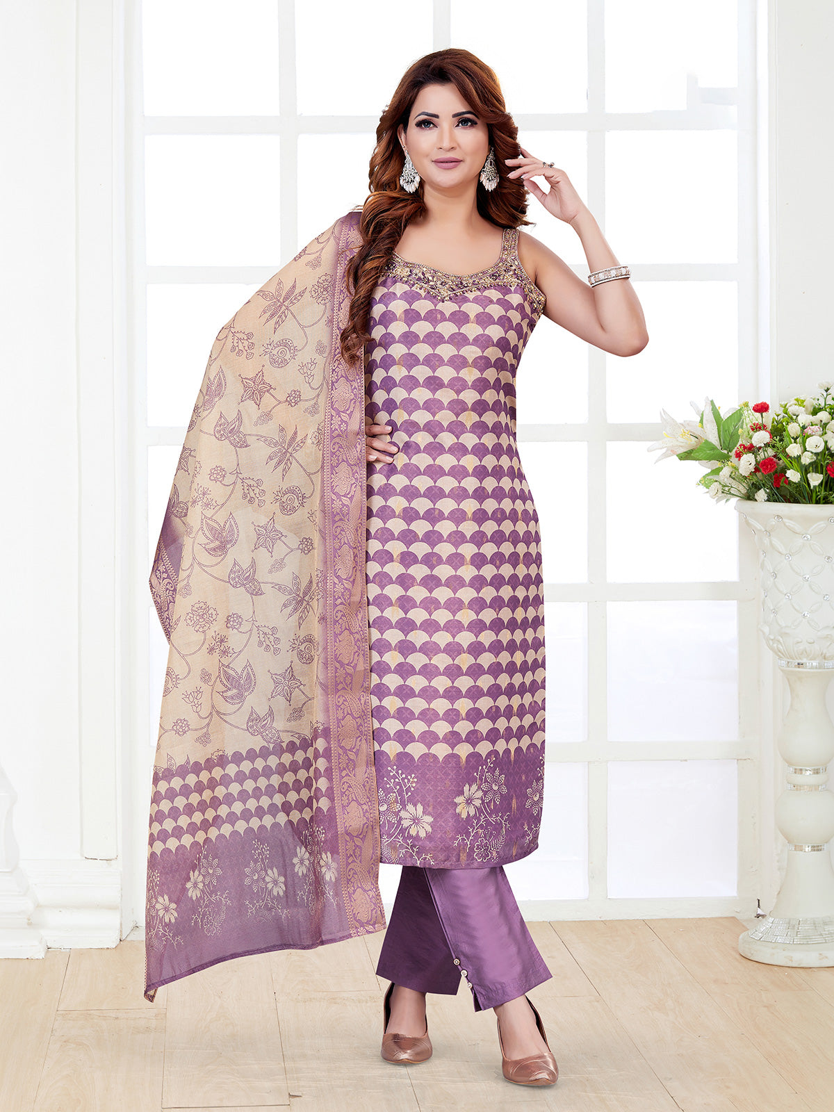 Purple floral printed silk straight cut salwar suit