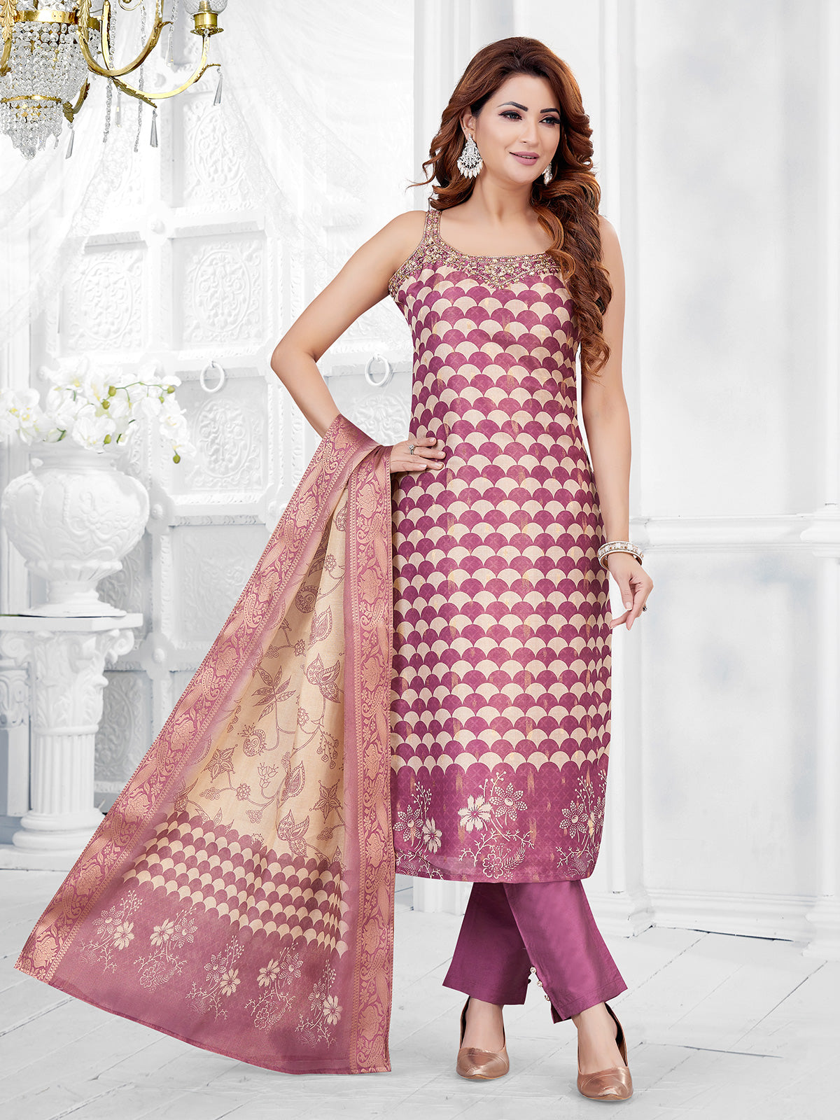 Wine floral printed silk straight cut salwar suit