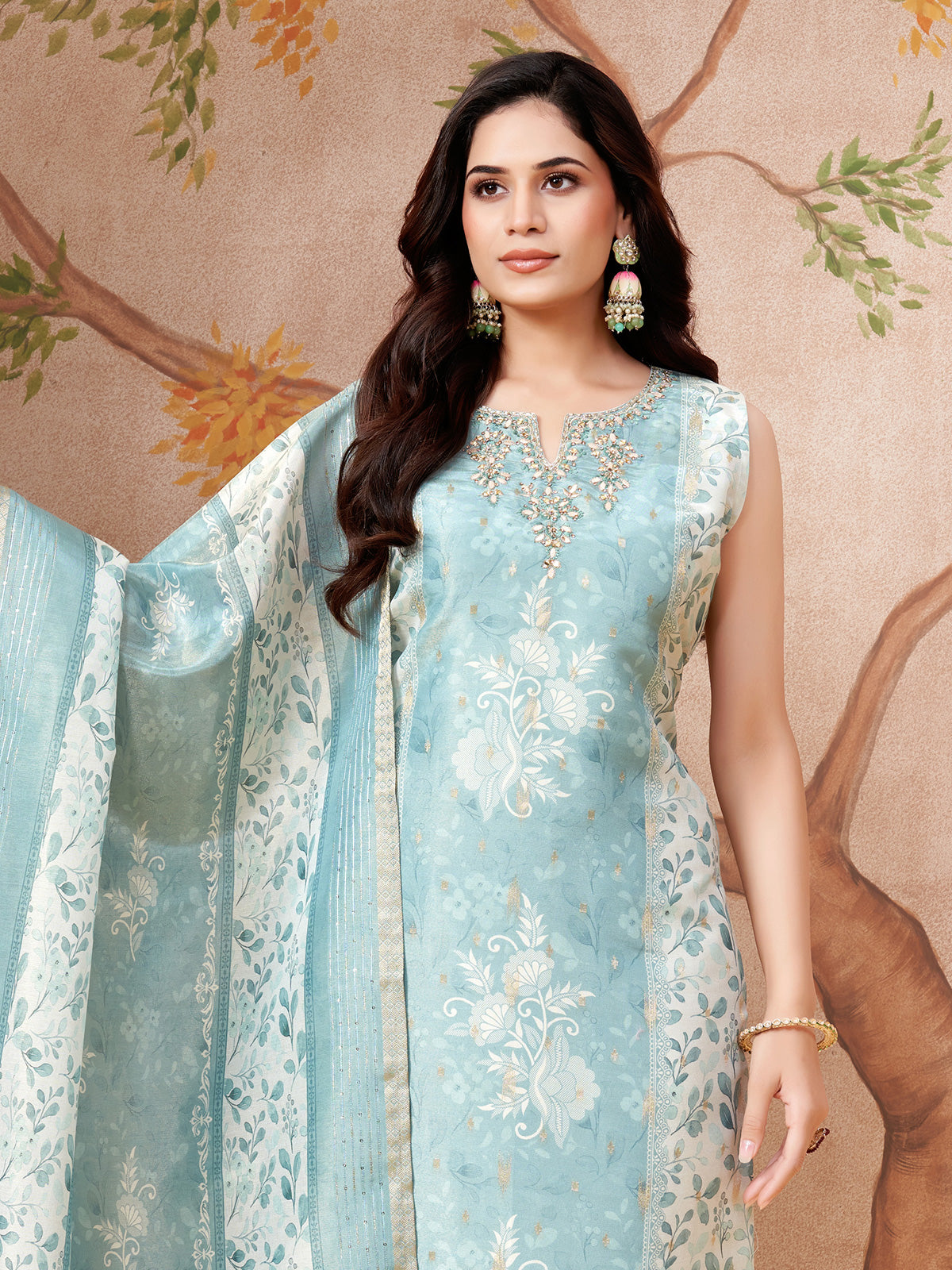Pastel blue floral silk straight cut festive wear salwar suit