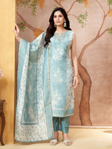 Pastel blue floral silk straight cut festive wear salwar suit