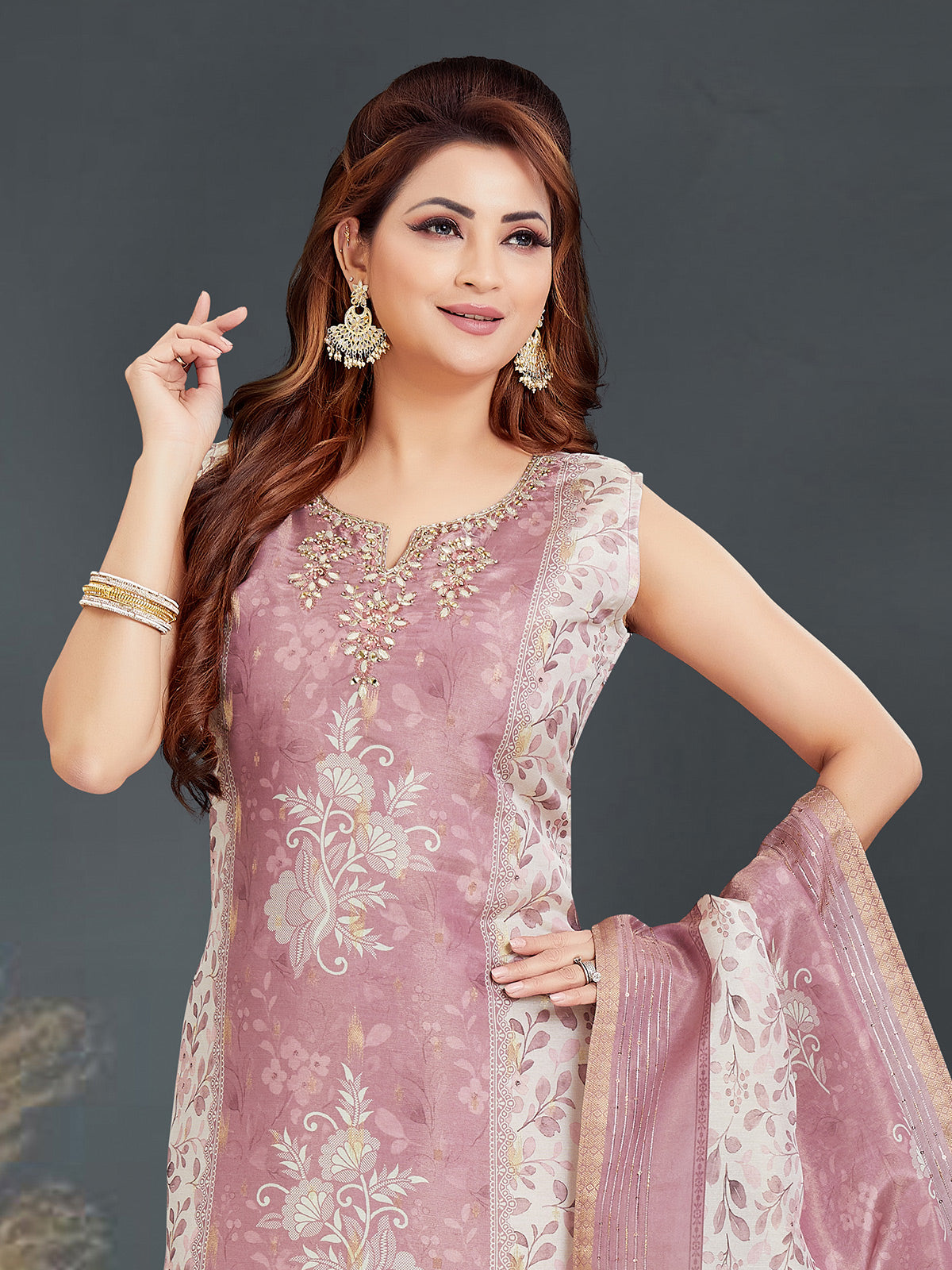Onion pink floral silk straight cut festive wear salwar suit