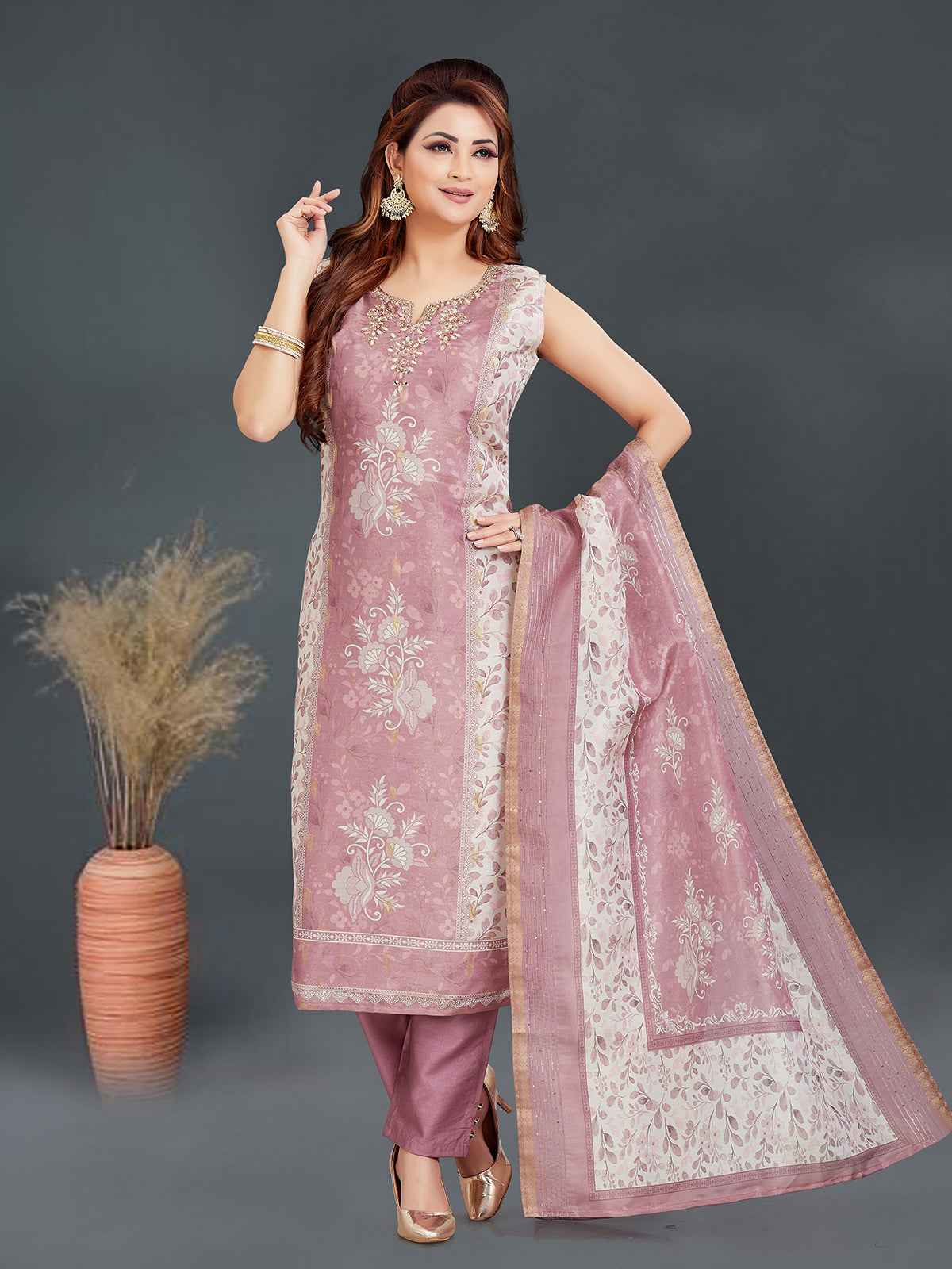 Onion pink floral silk straight cut festive wear salwar suit