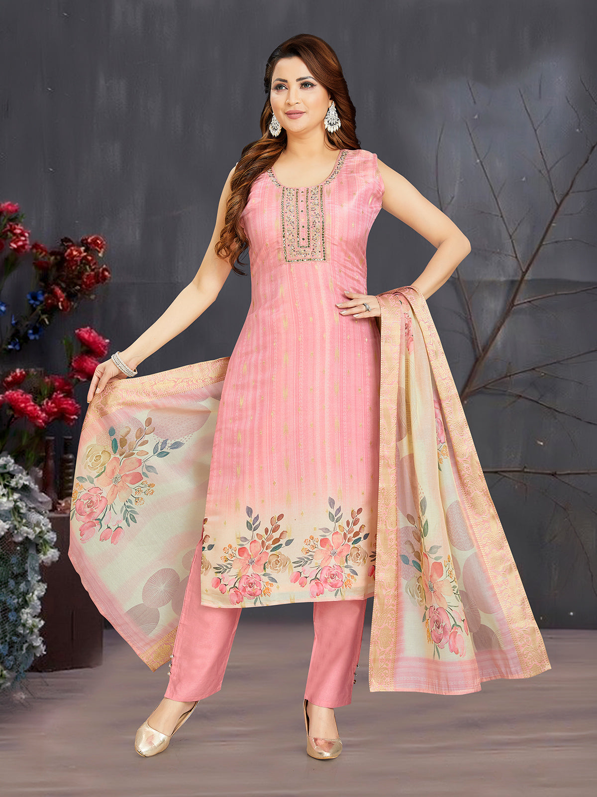 Pastel pink floral silk straight cut salwar suit
