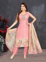 Pastel pink floral silk straight cut salwar suit
