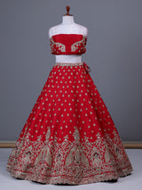 Red raw silk bridal lehenga choli with bird motifs