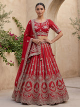 Red raw silk bridal lehenga choli with double bridal dupatta