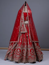 Red raw silk bridal lehenga choli with double bridal dupatta