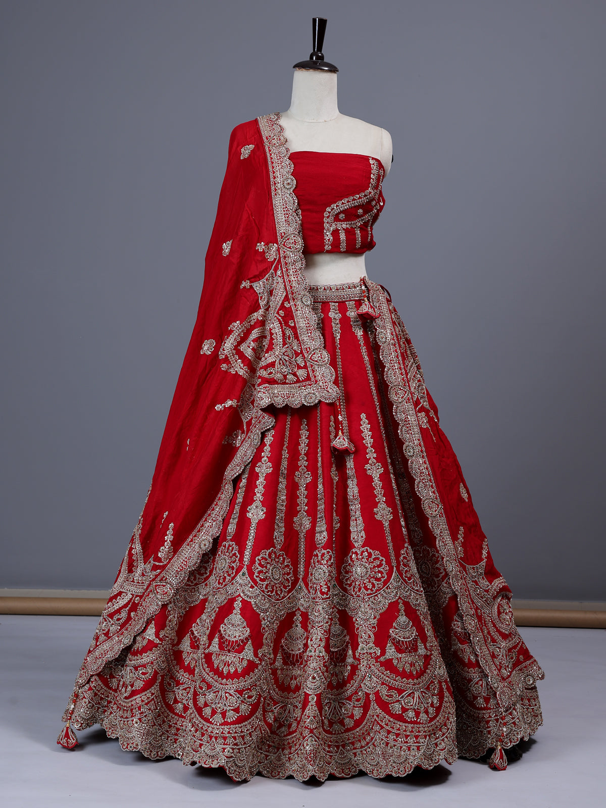 Red raw silk bridal lehenga choli with double bridal dupatta