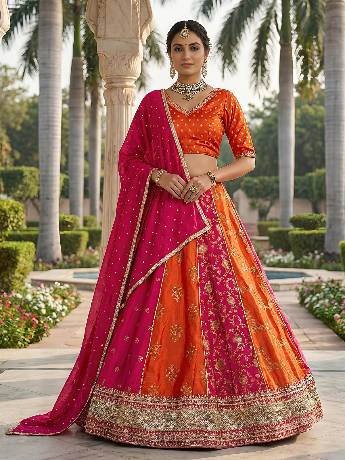Orange  designer gaji satin lehenga choli