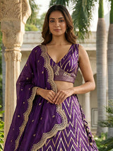 Violet embroidered dola silk lehenga choli with dupatta