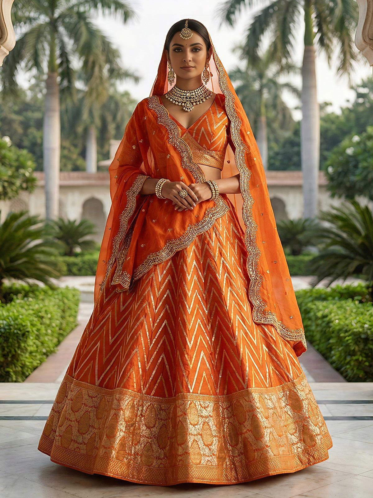 Orange embroidered dola silk lehenga choli with dupatta