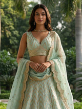 Mint green designer dola silk lehenga choli with dupatta