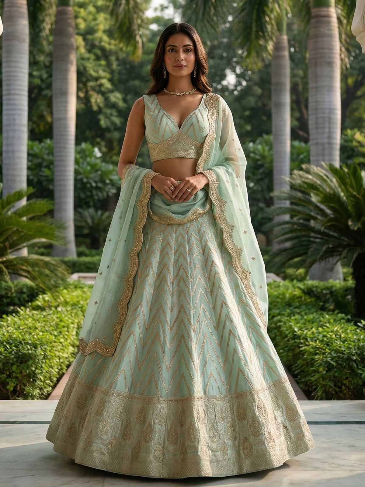 Mint green designer dola silk lehenga choli with dupatta